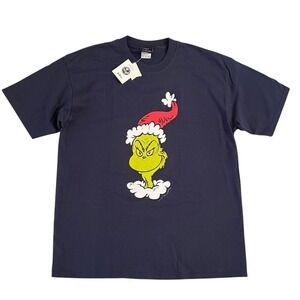 Dr Seuss Grinch Christmas Santa Hat Graphic T Shirt Navy Blue Mens XL 2001‎